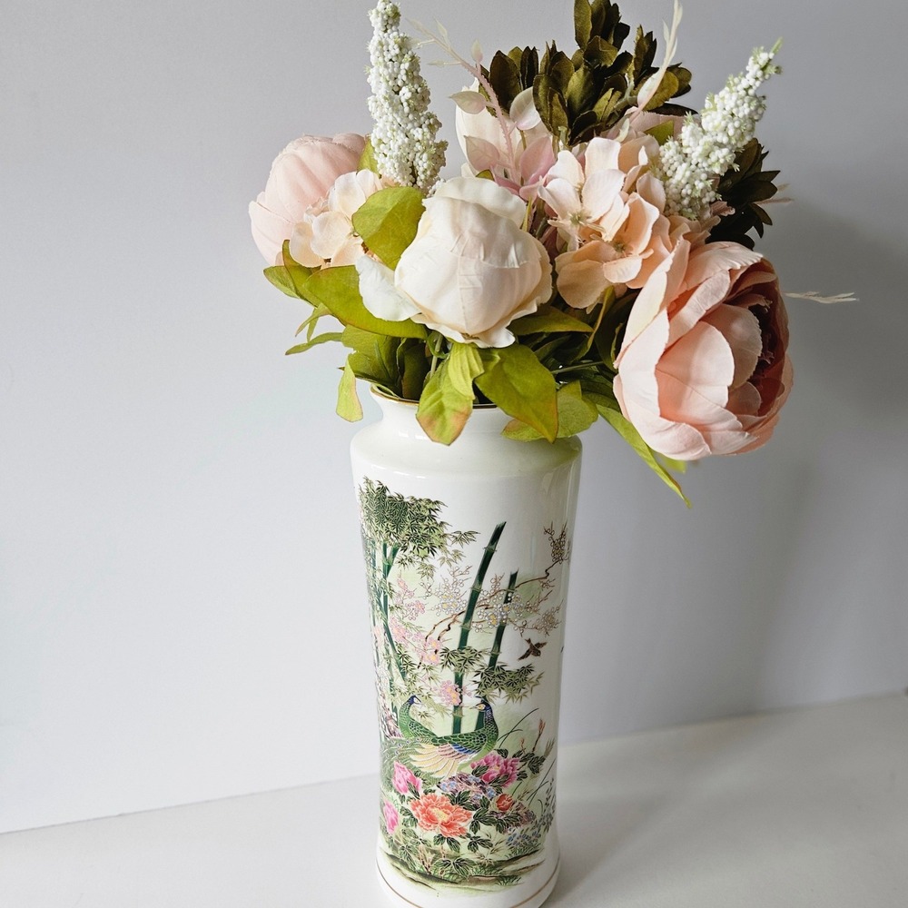 Otagiri OMC Japan Peacock and Bamboo Garden Ceramic Vase 12in Vintage w Peonies